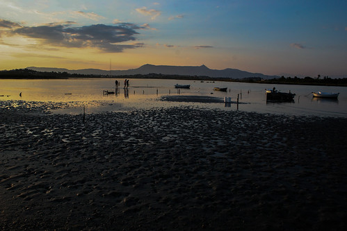 crab fishing boats lagoon sea sunset sand art landscape kanoni kerkyra corfu greece summer