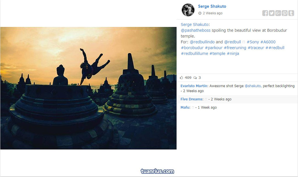 Foto aksi parkour Pavel Petkuns (Pasha) di Borobudur yang diunggah oleh akun Serge Shakuto. 