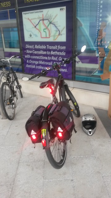 Bicycle with four rear tail lights, at the Silver Spring Library