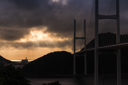 architecture bridge sunset sea landscape cloud light spot nagasaki japan