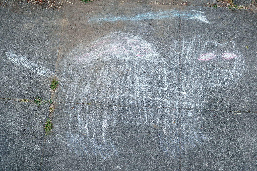 A cat is drawn on the sidewalk in chalk