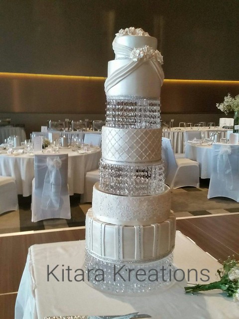5 Tier Wedding Cake - All Edible with Stencil Print, Lace and Roses by Kay Gilberts of Kitara Kreations
