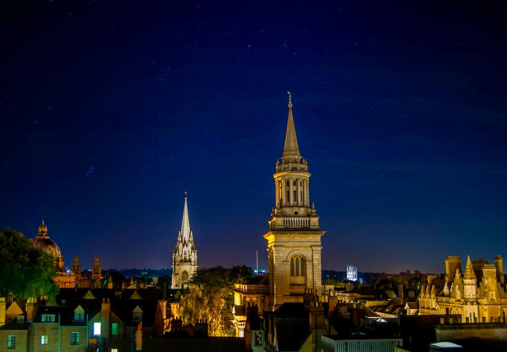 View of Oxford spire at night. Credit Meraj Chhaya