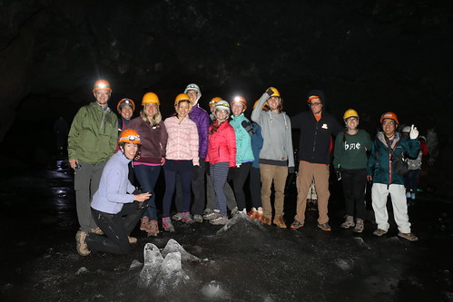 Group photo around ice stalagmites in the Fuji Wind Cave