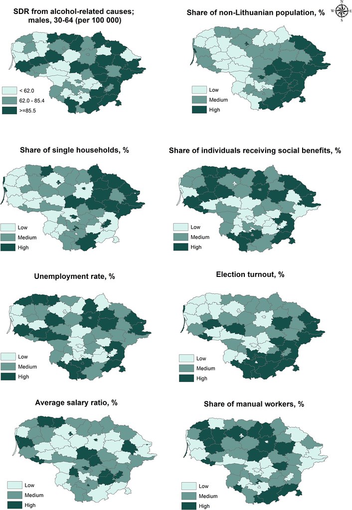 Alcohol-related male mortality rates and area-level characteristics across Lithuanian municipalities.
