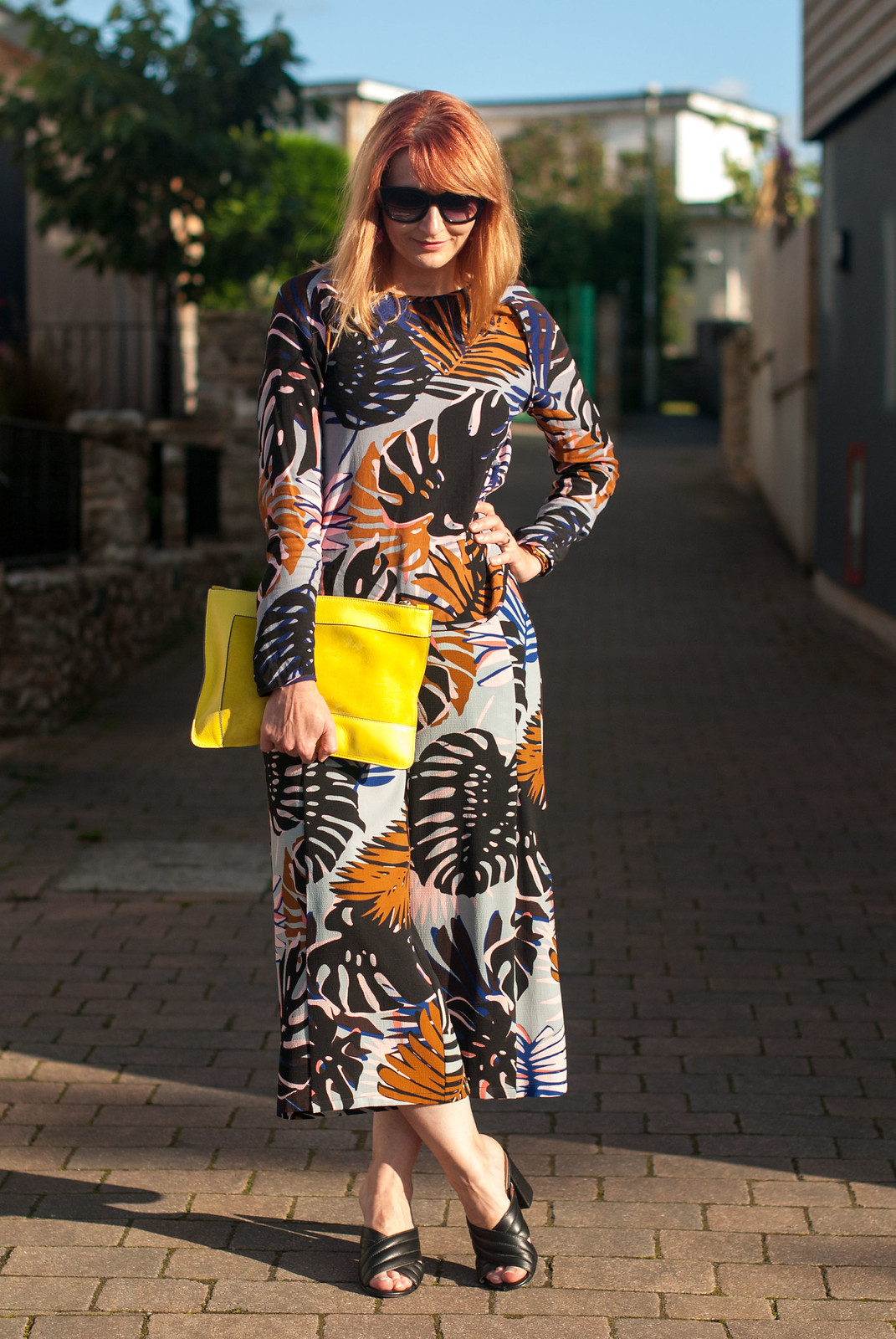Palm print co-ords: Long sleeve top and wide leg crop trousers culottes pants yellow suede clutch bag black crossover block heel mule sandals statement oversized earrings cat eye sunglasses | Not Dressed As Lamb, over 40 style