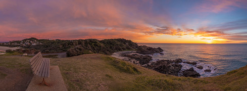 seaacresreserve portmacquarie lighthousebeach nsw newsouthwales australia beach ocean sea pacific sunrise sun panorama pano panoramic coast coastline landscape sky bench seat