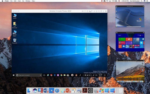 Windows 10 with Windows 8, Windows XP, and macOS Lion in Picture-in-Picture view