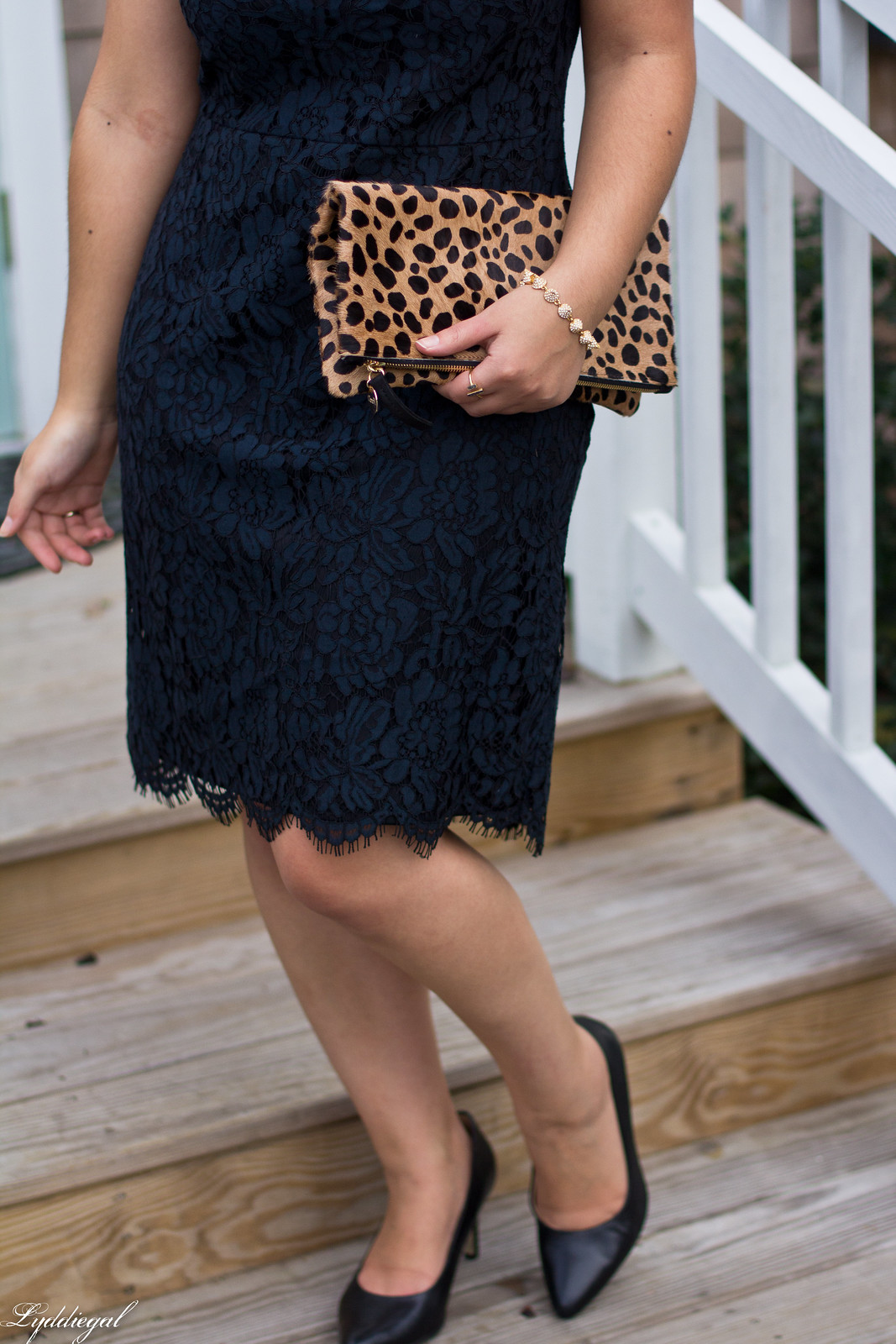 navy lace dress, black pumps, leopard clutch, tassel earrings-8