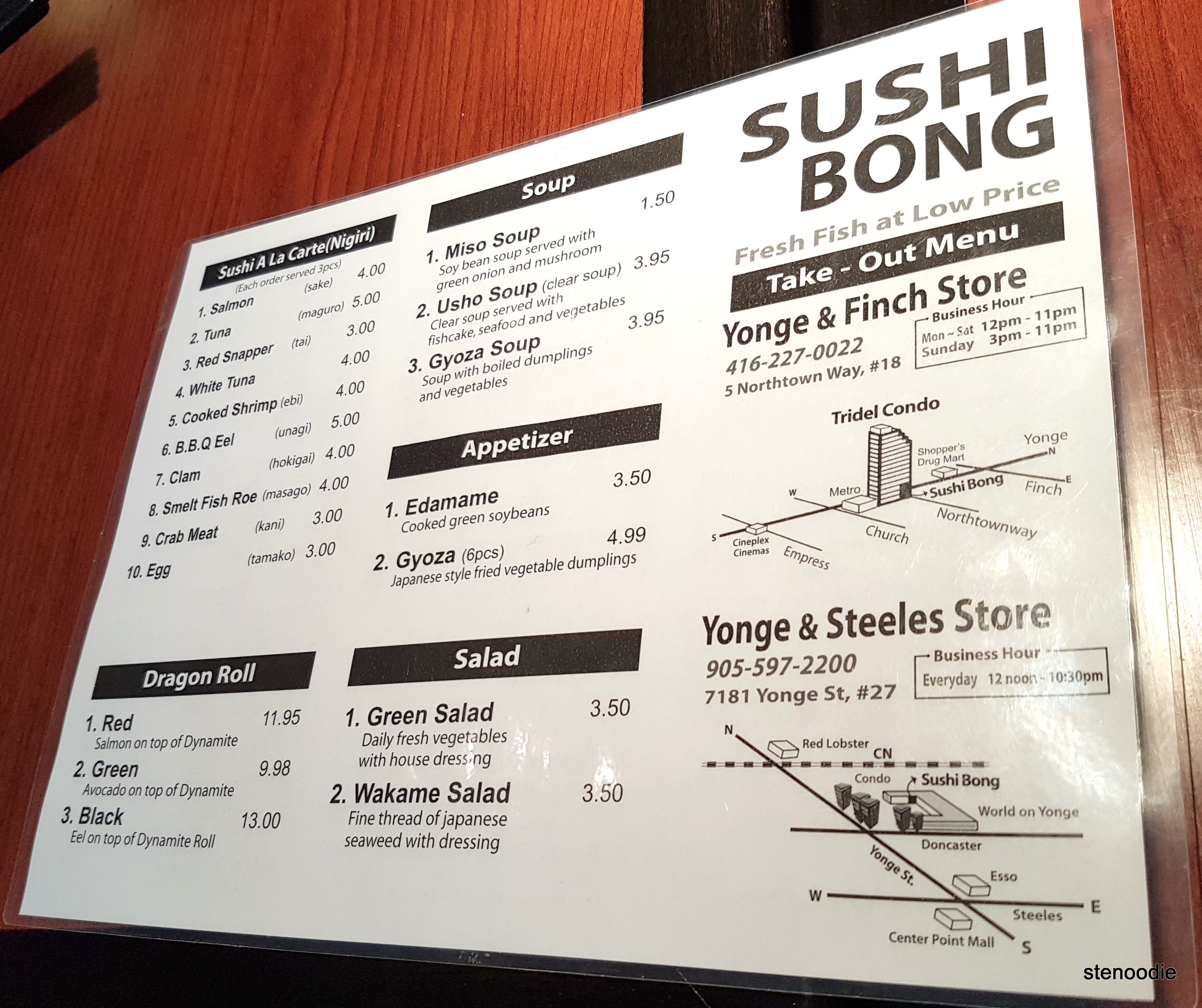 Sushi Bong take-out menu and prices