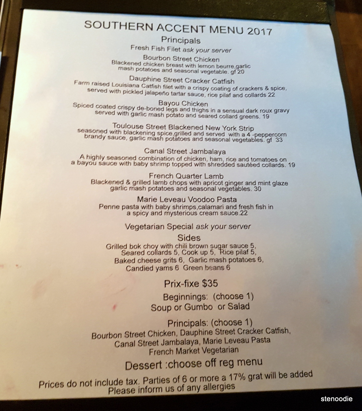 Southern Accent menu and prices 2017
