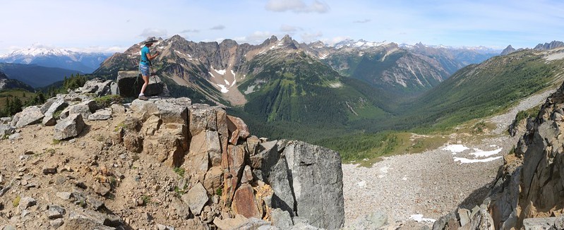 Panorama view west looking over the steep drop-off on the southwest ridge of Cloudy Peak