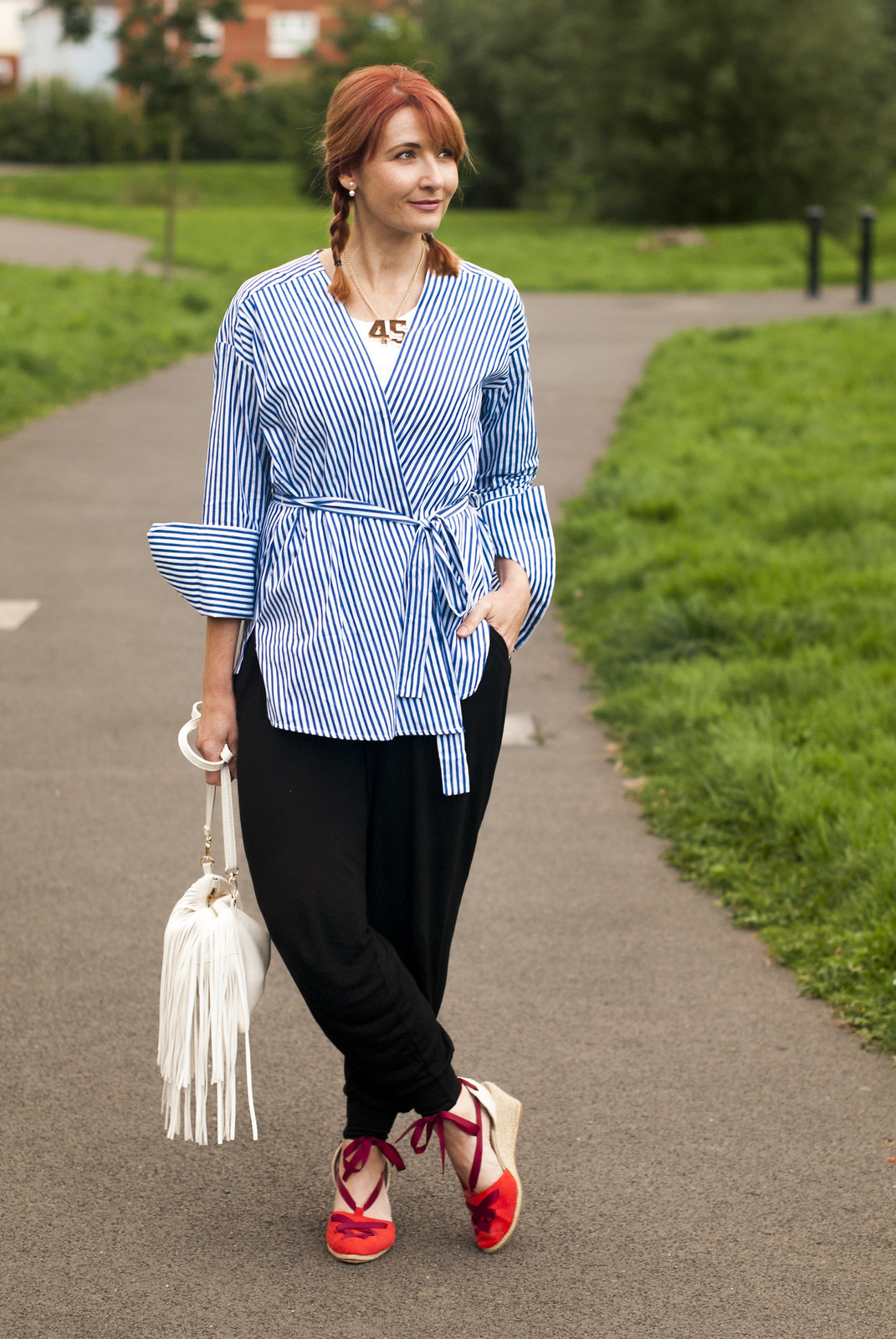 Brights basics for summer: Striped wrapover Mango blouse black harem pants gold 45 Asos necklace red wedge espadrilles white fringed crossbody bag | Not Dressed As Lamb, over 40 style