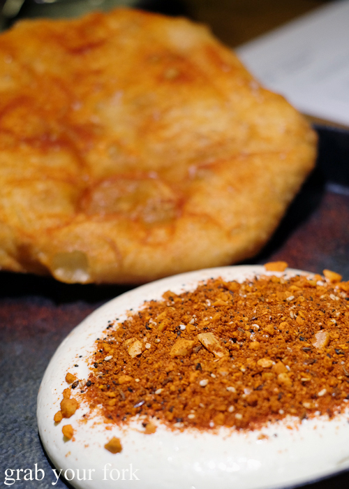 Langos deep fried flatbread and smoked sour cream at the Hungarian Jewish pop-up by Adam Wolfers at Bar Brose in Darlinghurst