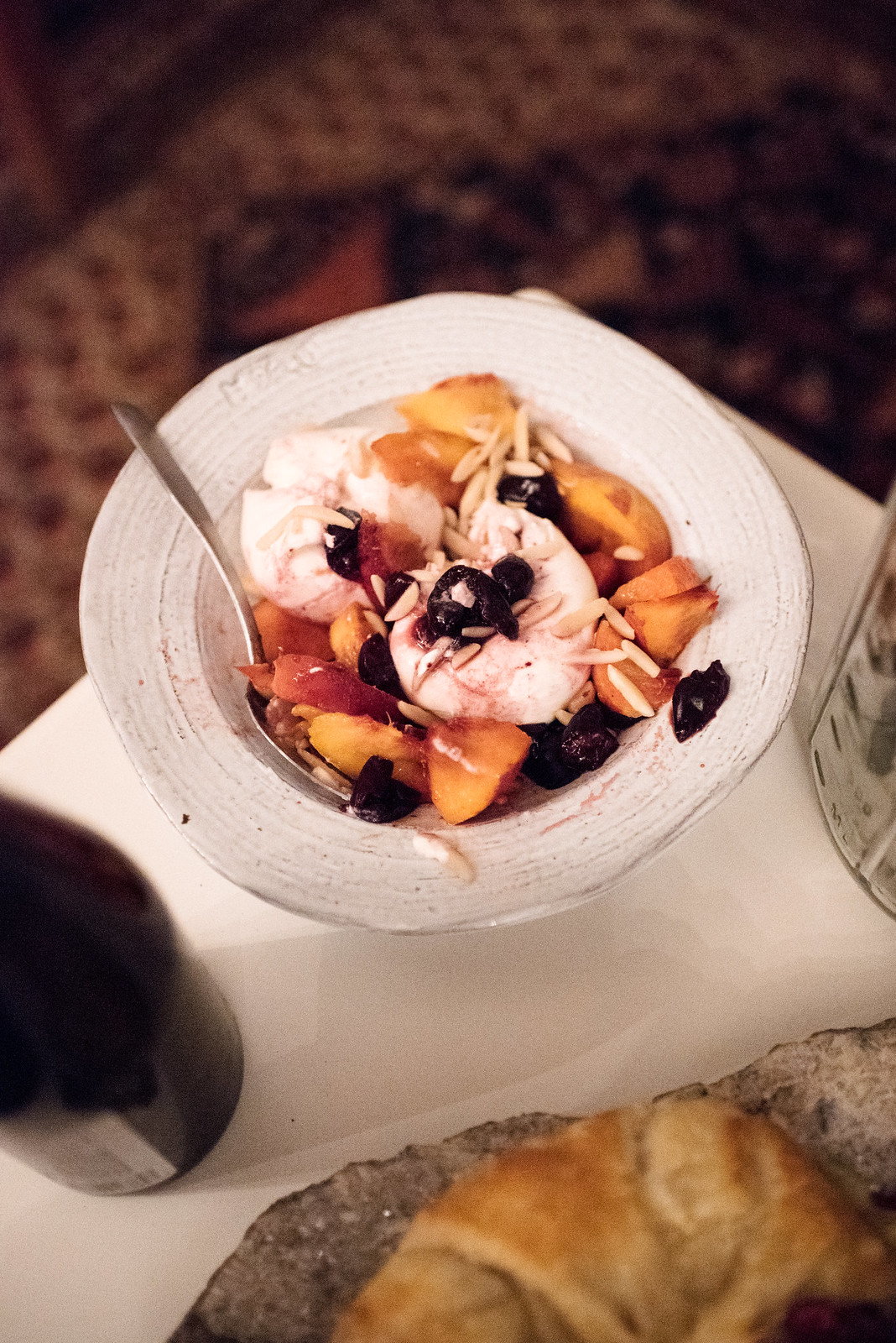 Burrata with peaches, cherries, honey, and almonds. on juliettelaura.blogspot.com
