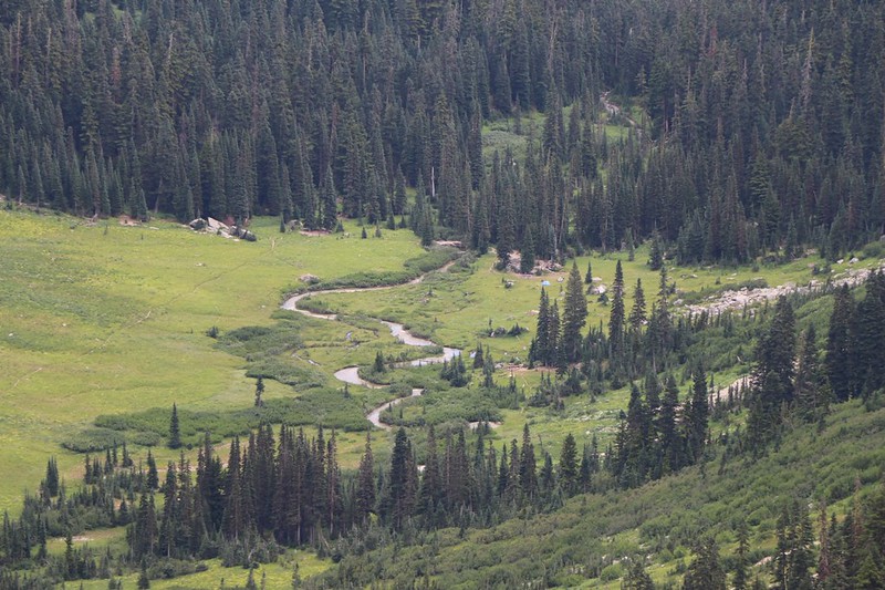 Zoomed-in view of Phelps Creek as it meanders through Spider Meadow from Larch Knob