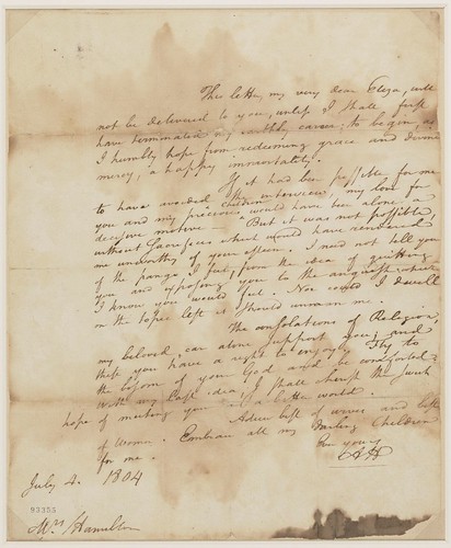 Letter, Alexander Hamilton to Elizabeth Schuyler Hamilton, July 4, 1804, written shortly before his duel with Aaron Burr. Alexander Hamilton Papers, Manuscript Division.