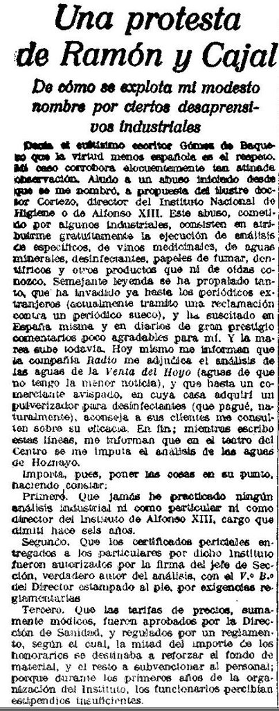 Queja de Ramón y Cajalcontra la Venta del Hoyo en La Libertad el 22 de abril de 1926