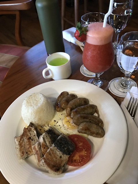 Pinoy breakfast platter with strawberry shake