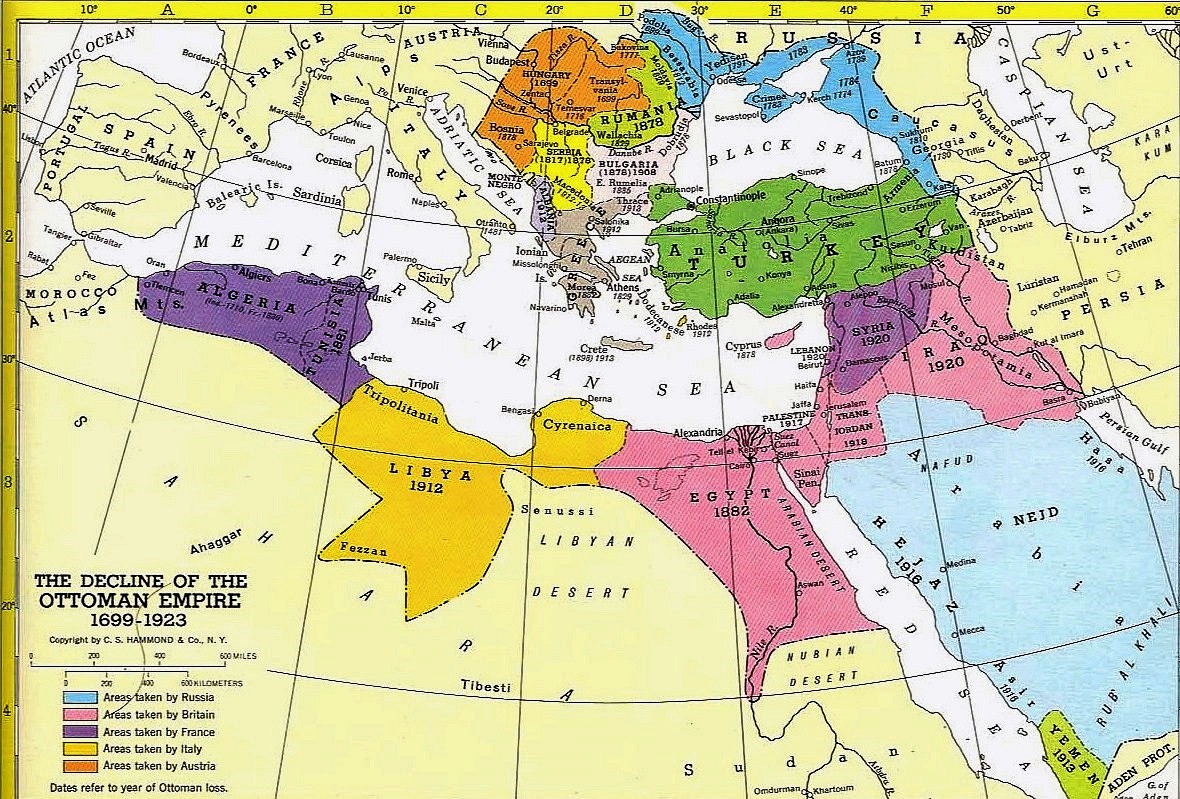 The Ottoman Empire's decline from the period of its greatest extent in 1699 until the establishment of the Republic of Turkey in 1923