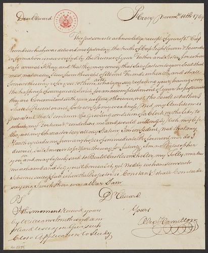 Letter, Alexander Hamilton, then a 12-year-old clerk in St. Croix, to his friend Edward Stevens, November 11, 1769, noting he would "willingly risk my life tho' not my Character to exalt my Station." Alexander Hamilton Papers, Manuscript Division.