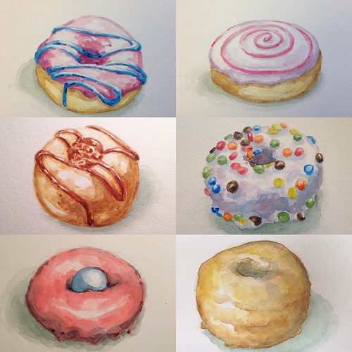 One dozen donut watercolors.