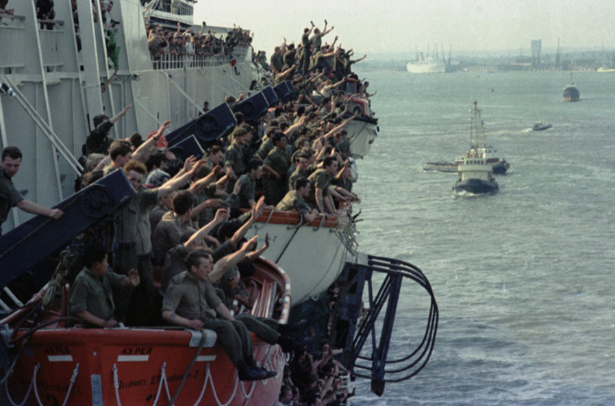 QE2 departs Southampton filled with troops bound for the Falkland Islands War in the South Atlantic Ocean, May 12, 1982.