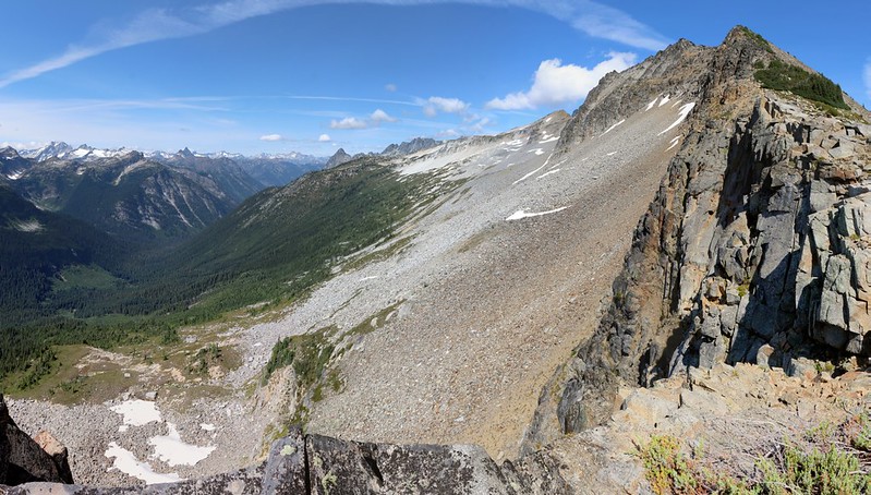 Panorama view of the steep talus slope on the west side of Cloudy Peak
