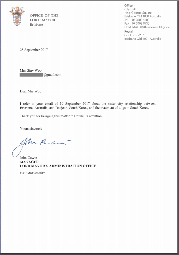 Response from Brisbane Mayor 092917