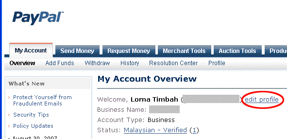 1. Log into PayPal, and click on Edit Profile.
