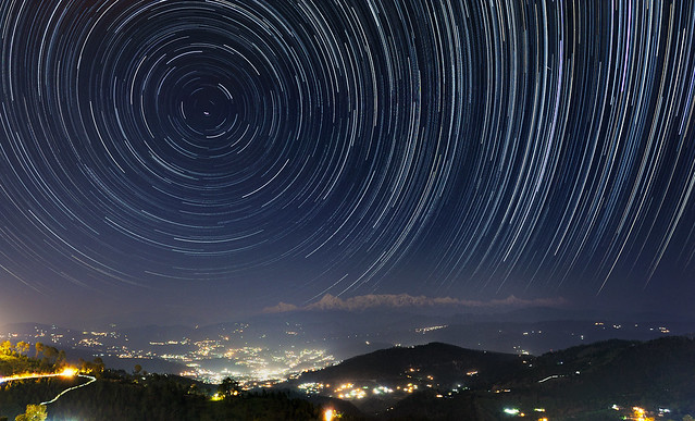 Star trail over Garur Valley and Himalayan peaks