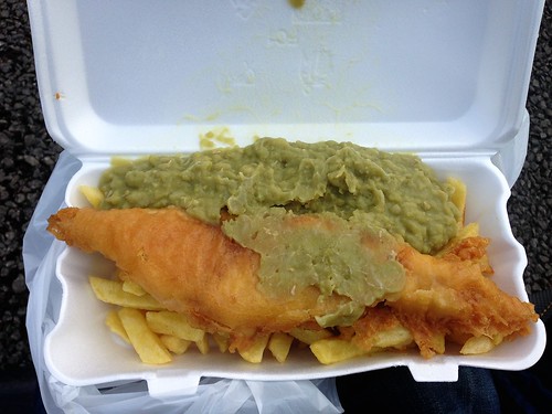 Haddock and chips with mushy peas, Windermere