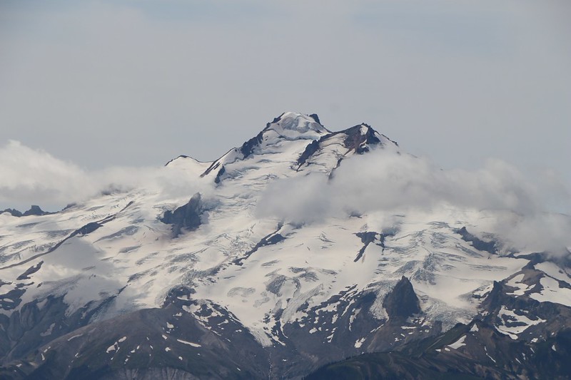 Zoomed-in view of the glaciers on Glacier Peak's northeast side from the summit of Cloudy Peak
