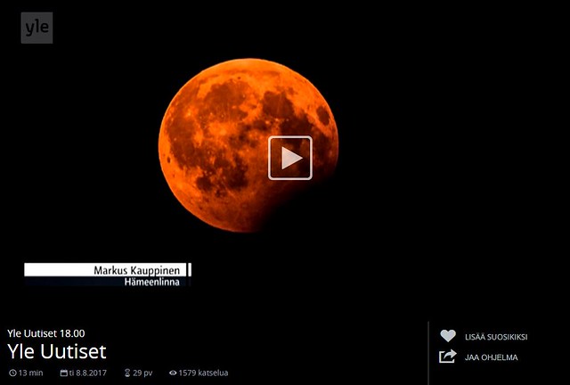 Osittainen kuunpimennys Yle klo 18 tv-uutisten sääkuva. Valokuvaaja: Markus Kauppinen
