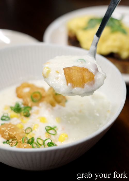 Rice and milk congee with fried bread at Paper Bird in Potts Point
