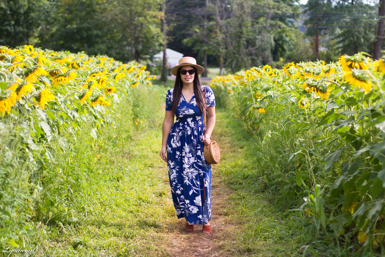 blue floral maxi dress, round rattan bag, straw hat, sunflower field-9