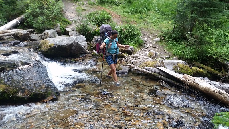 Vicki crossing Small Creek - it was cold but refreshing and we even got to wash our feet