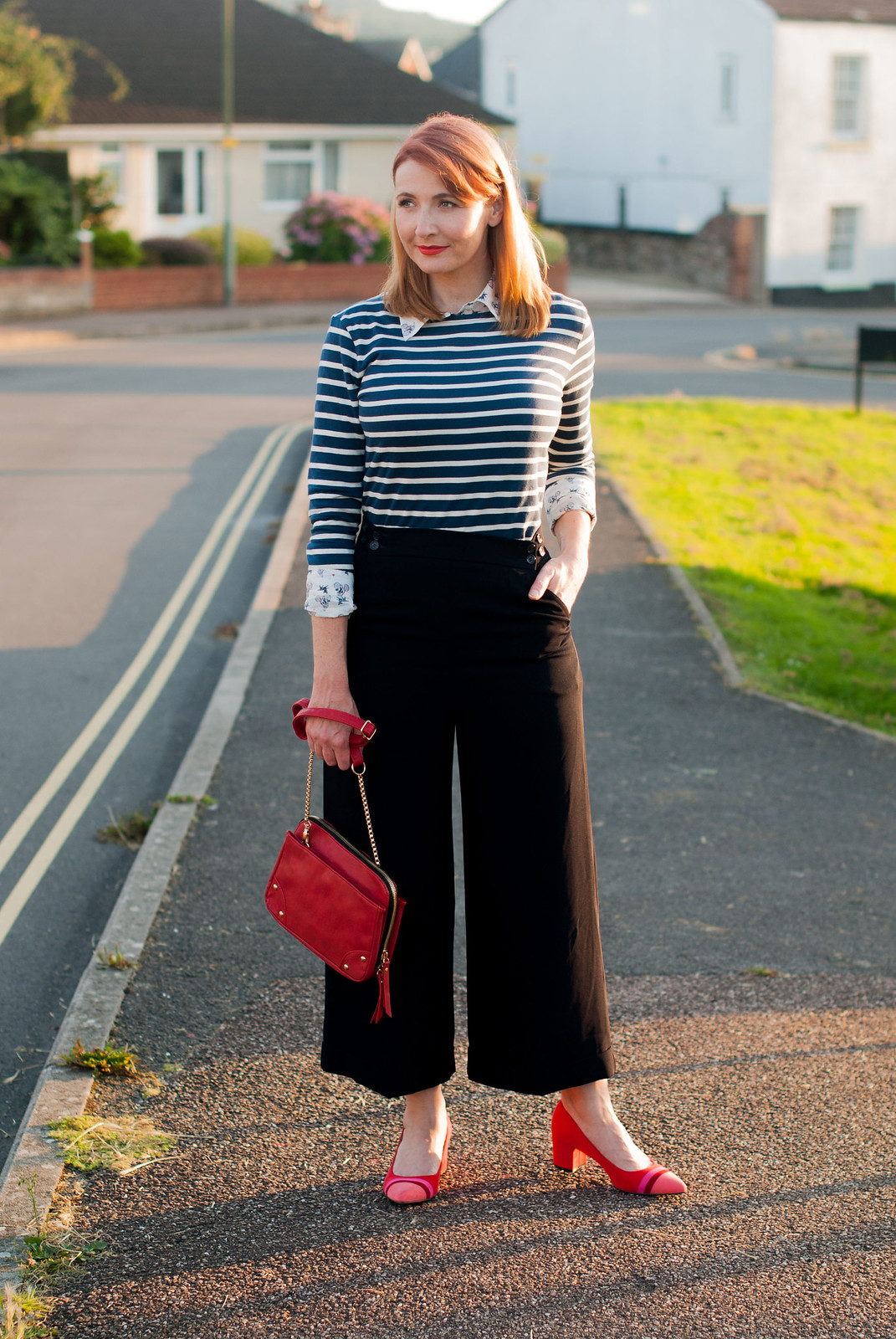 Ways to style a Breton stripe top: Office chic/workwear - with navy wide leg cropped pants, red block heels and layered with a print shirt | Not Dressed As Lamb, over 40 style