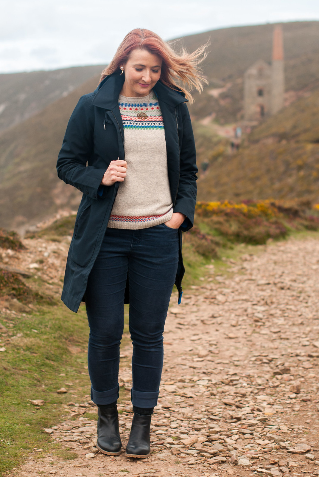 Stylish dressing for a rainy day - wearing AW17 Seasalt Cornwall in St Agnes, Cornwall: Longline navy raincoat grey Fair Isle sweater jumper blue corduroy trousers navy Chelsea boots | Not Dressed As Lamb, over 40 style