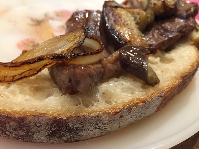 Beef, Eggplant, Onions on Country Loaf