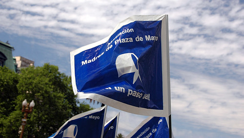 Flags representing the Madres of the Plaza de Mayo, mothers of the disappeared, in Buenos Aires, Argentina