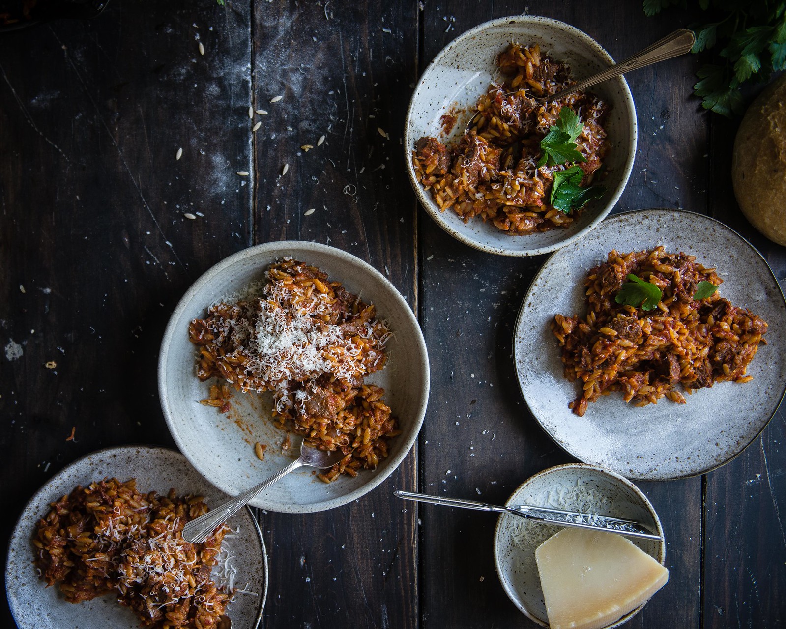 braised beef and orzo | two red bowls