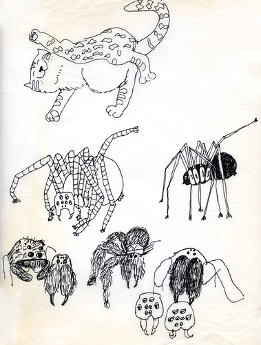 sketch of spider cartoon characters (and for some reason a playful kitten). I had just learned that spiders has eight eyes and thought what great expressions I could put on them