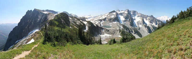 Panorama shot from the High Pass Trail looking out over a lake at the source of Triad Creek