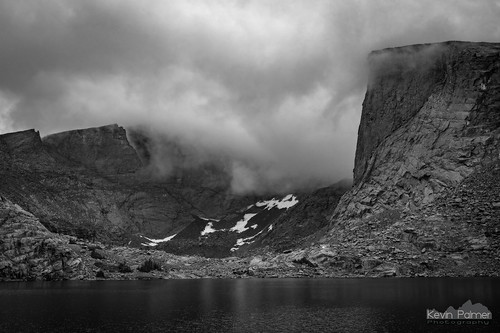cloudpeakwilderness bighornmountains wyoming july summer losttwinlakes glacial cirque cliffs wall granite cloudy stormy overcast clouds nikond750 water tamron2470mmf28 blackandwhite monochrome storm thunderstorm rain weather