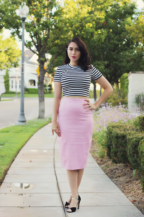Vixen by Micheline Pitt Bad Girl Crop Top in Black and White Stripes Vixen Pencil Skirt in Powder Pink