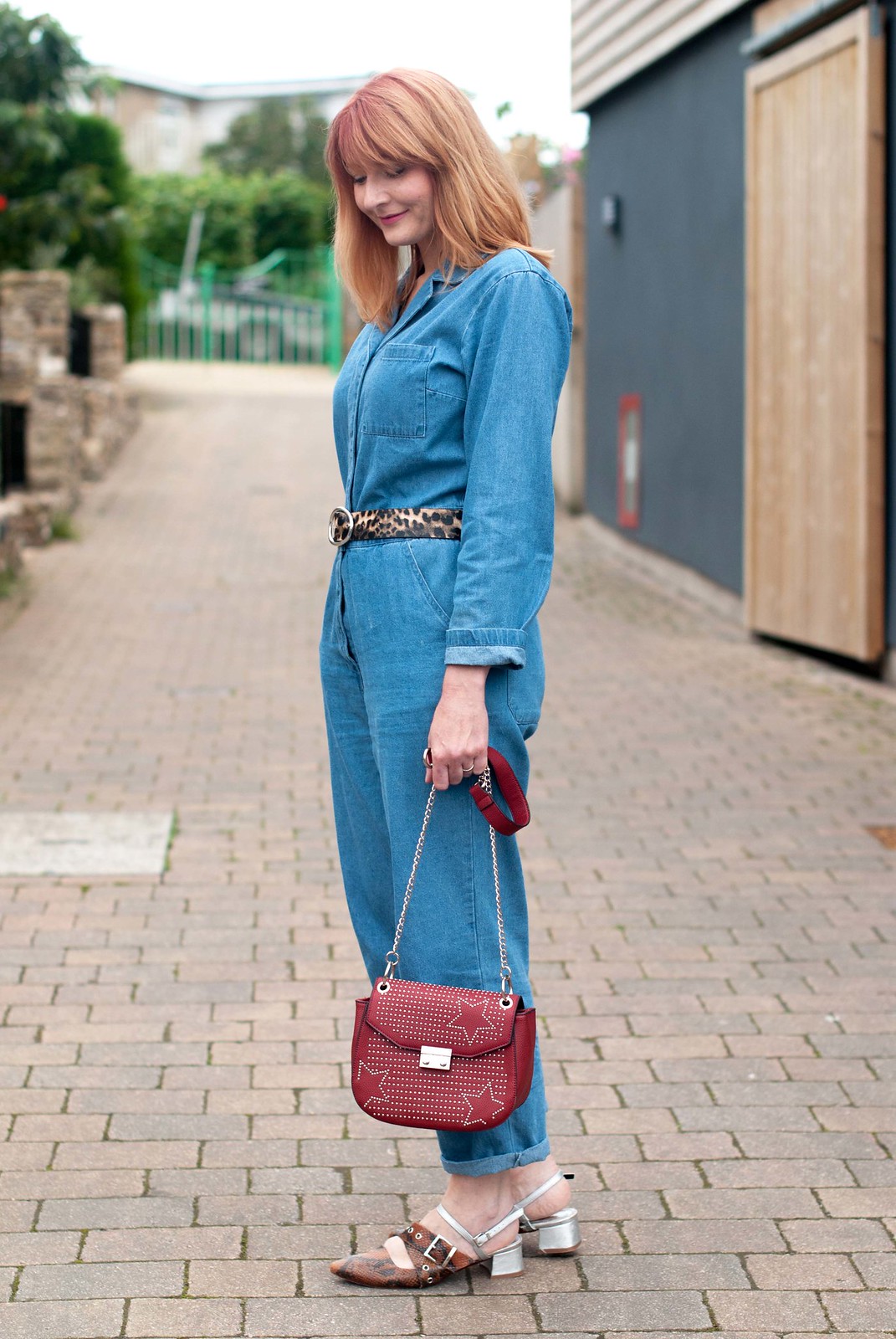 How to style a denim jumpsuit / boilersuit for the summer leopard print belt red studded crossbody bag pointed toe snakeskin Finery flats | Not Dressed As Lamb, over 40 style