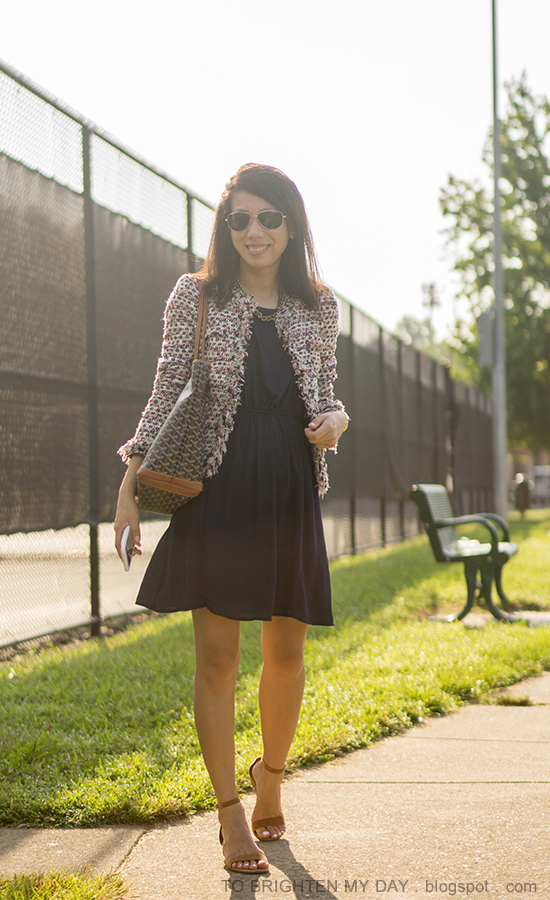 tweed jacket, navy pleated dress, gold watch, patterned tote, brown suede sandals