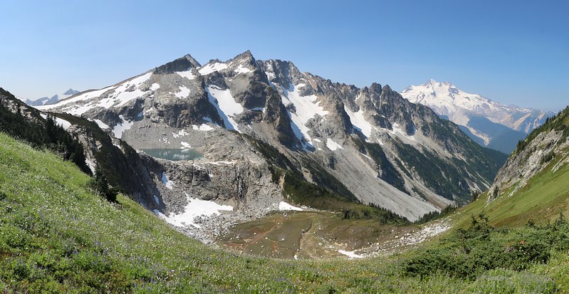 Looking west toward the Triad Creek valley from the High Pass Trail with Cirque Mountain and Glacier Peak