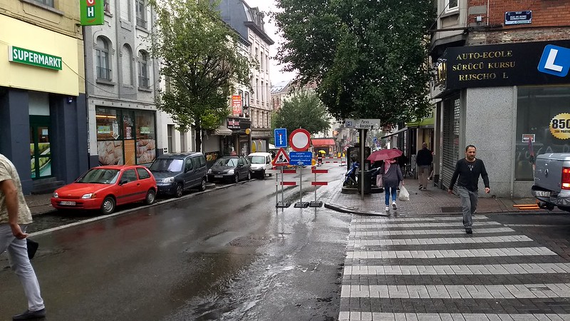 Walking to the Metro in the rain, Brussels